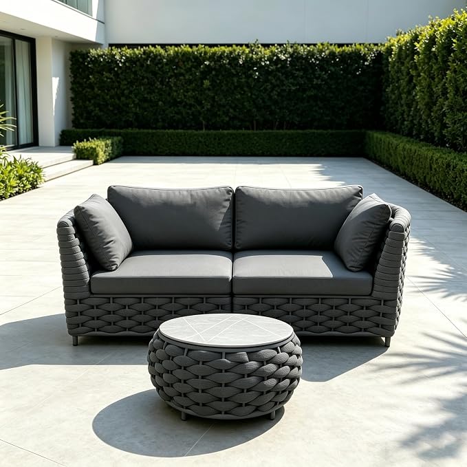 2-Seater Aluminum Outdoor Sectional Sofa Set with Coffee Table, Rust-Free Patio Loveseat with 3.9" Thick Cushions for Backyard, Balcony, Garden，Dark Gray