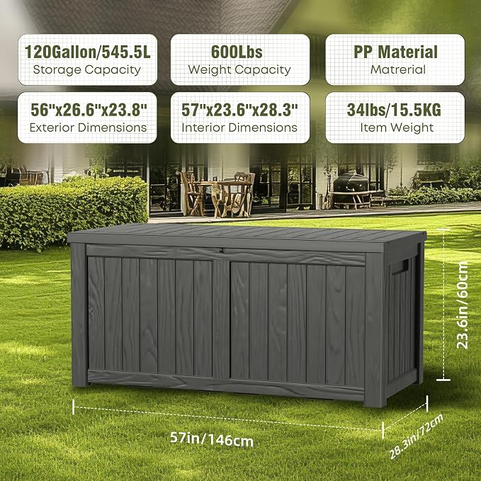 DRATO 150 Gallon Outdoor Storage Box Waterproof, Resin Large Deck Box for Patio Furniture Bench, Pool Garden Tools, Weatherproof Outside Storage Bin for Backyard Porch (Black, 150 Gallon)