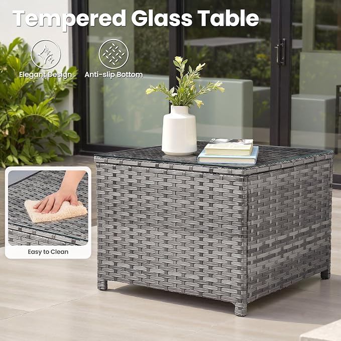 ovios 6 Pieces Patio Furniture Set, Outdoor Wicker Rattan Sofa Couch with Glass Table, Chairs, Comfy Cushions, Conversation Sets for Porch Deck Garden, Dark Grey