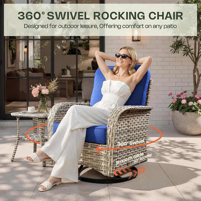 8 Pieces Patio Furniture Set, Outdoor Conversation Set with 360° Swivel Rocker Chairs, Wicker Sectional Sofa & Solar Powered Lighted Table, High Back Outdoor Furniture for Backyard Porch, Navy Blue