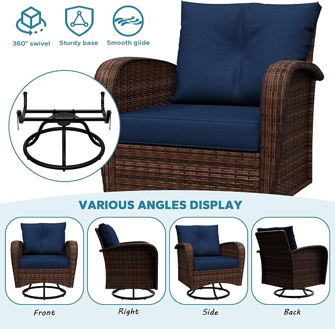 4 Pieces Patio Set, 73" Rattan Loveseat Sofa, Coffee Table, Wicker Swivel Glider Chairs, Cushion with Water Resistant Cover, Outdoor Conversation Furniture, Couch for Sunroom (Navy Blue)