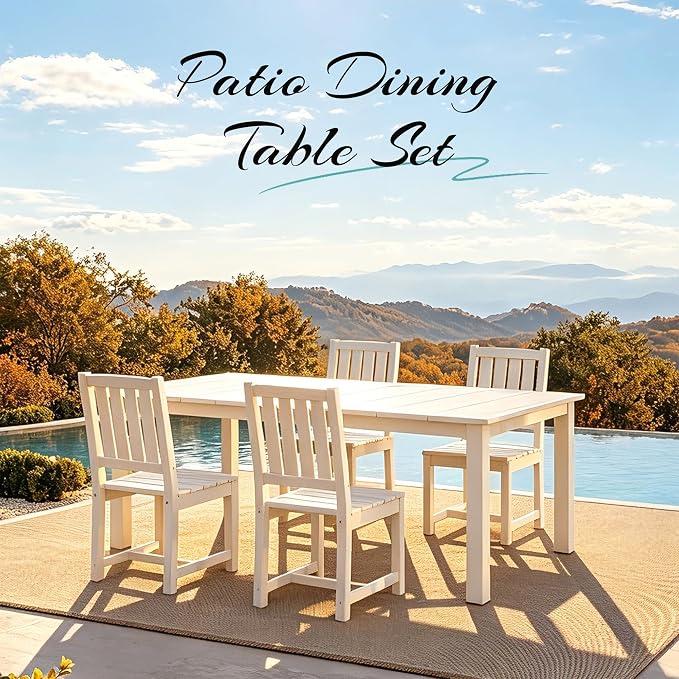 PLUUV 5-Piece Outdoor Dining Set – HDPE Patio Furniture with Aluminum Table, Umbrella Hole, and 4 Armless Chairs, All-Weather Resistant for Garden & Backyard, White