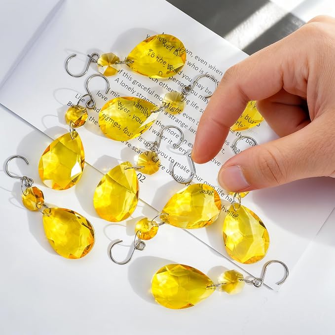 10pcs Yellow Bauhinia Crystal Suncatcher Chandelier Prisms Decor | K9 Crystal Glass Bauhinia Prisms 3 Inch with Hooks Window Wedding Party Chandelier DIY Decor Rainbow Maker Gift for Women Mom