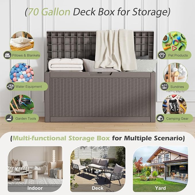 Outdoor Storage Box, Resin Deck Boxes Indoor and outdoor, Waterproof Storage Box Lockable Lid (Grey,70 Gallon)