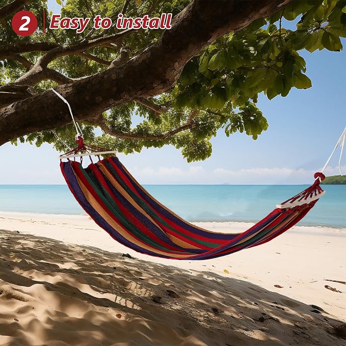 Outdoor Camping Hammock for One Person, Heavy-Duty Canvas Fabric with Anti-Tip Design, 200X80Cm Striped Portable Tree Swing for Garden and Travel Use