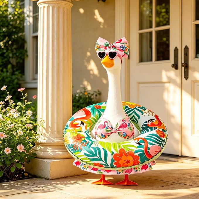 Porch Goose Summer Outfit, 23 Inch Hawaiian Bikini Costume, Accessories Include Bow, Sunglasses & Swim Ring, Fits Cement Goose Statue for Garden Patio Yard Outdoor Decor (Flamingo)