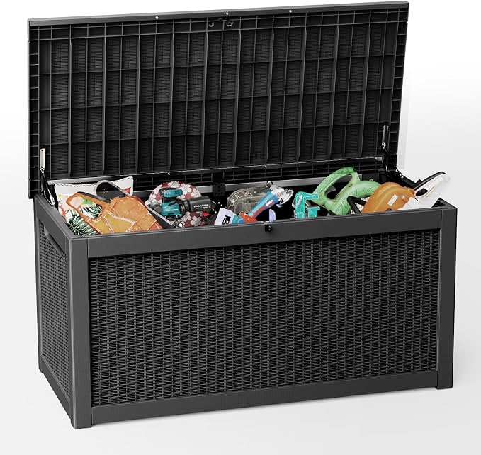 EasyUp 320 Gallon Outdoor Storage Box Waterproof, UV Resistant Resin Deck Box with Hydraulic Rod, Reinforced Stability for Patio, Garden, Rattan Black