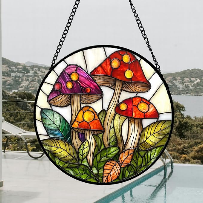 DASTOLL Stained Glass Window Hanging, Mushroom Leaves Suncatcher for Doors Home Sun Catchers Decoration and Christmas, Mother's Day Birthday Gifts for Women, Men, and Mom 14.9x14.9 in
