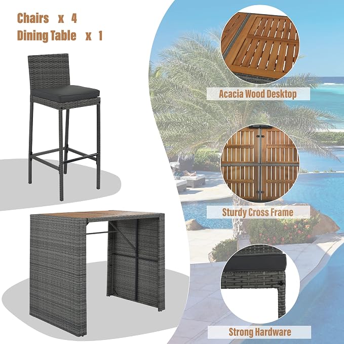 5 piece Patio Wicker Bar Set for 4, Outdoor Bar Height Table & 4 Rattan Cushioned Stool Chairs with Non-Slip Feet and Fixed Rope, Acacia Wood Table Top, Space Saving Design, Gray