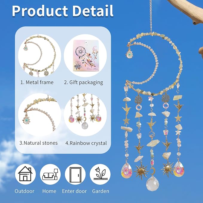 Crystal Suncatchers - Dreamsum Crystals Suncatcher for Window Hanging | Wind Chime, Garden Sun Catchers with Crystals, Rainbow Maker Indoor Outdoor Decor Handmade Gold Plated Suncatcher