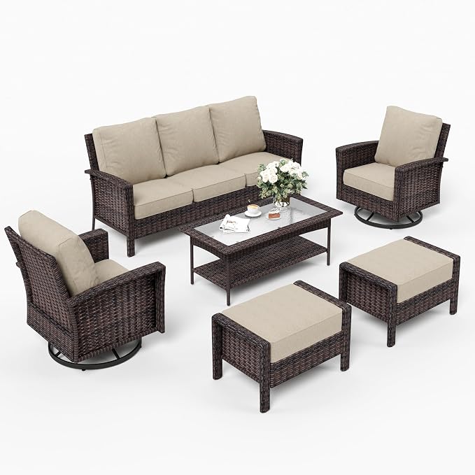 SUNSHINE VALLEY 6 Piece Patio Furniture Set with Swivel Chairs, High Back Wicker Rattan Sofa with Extra Thick Cushion, Coffee Table and Ottoman, Outdoor Conversation Set for Backyard Deck,Beige