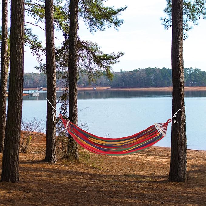 Happyyami Double Camping Hammock with Anti-Tip Duckbill Buckle, Wide Striped Canvas Outdoor Garden Hammock for Travel and Backyard, 150Kg Load Capacity, Sturdy Patio Hanging Bed