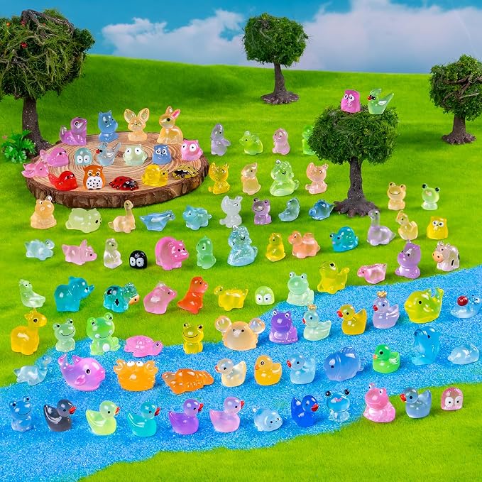 100 Pcs Glow in The Dark Mini Resin Animals - 50 Styles Bulk Tiny Animals Figures for Fairy Garden,Aquarium Decor,Party Favors,DIY Craft Trinkets