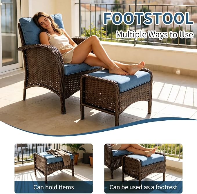 Outdoor Swivel Rocker Patio Chairs (Brown Wicker/Blue Cushion, 6PC/Sofa & Chair &Coffee Table & Ottomans)