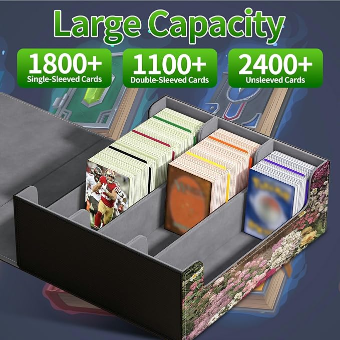 Large Card Deck Box for MTG, Fits 1200+ Sleeved Cards, PU Leather Storage Case with Strong Magnetic Closure, Multiple Colors Available for TCG CCG Baseball Card Collections, Flower Wolf
