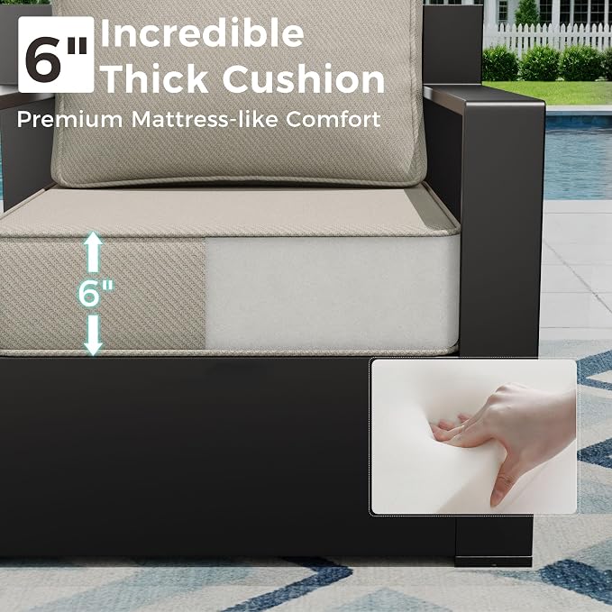 Outdoor Patio Furniture Set, 3-Piece Aluminum Patio Conversation Set All-Weather Metal Outdoor Sectional with 6 Inch Thick Cushions, Deep Setting for Garden, Outside and Porch, Beige