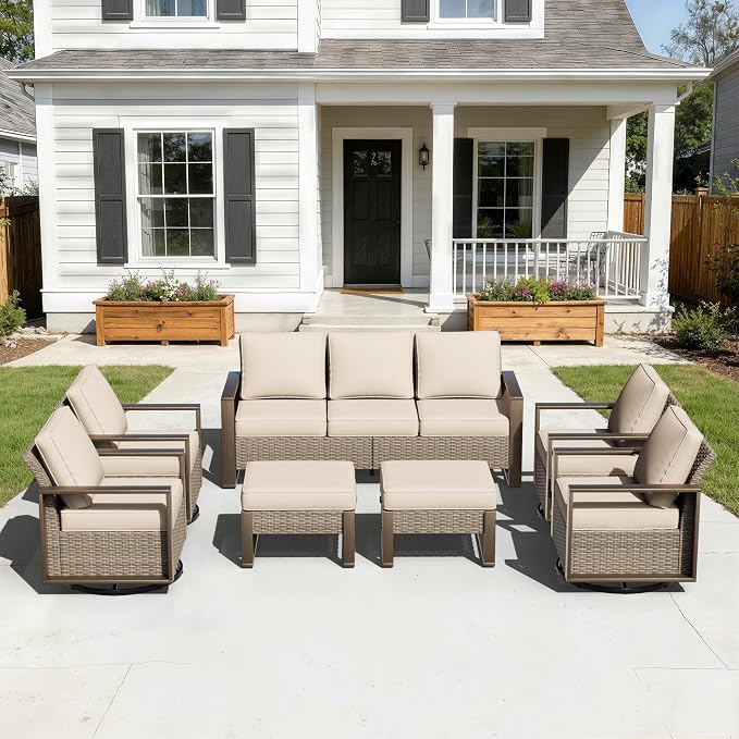 7 Pieces Metal Wicker Patio Furniture Set - 75" Sofa, Four Swivel Chairs and Two Ottomans, All Weather Rattan Outdoor Conversation Furniture with Washable Cushion for Deck Porch, Beige