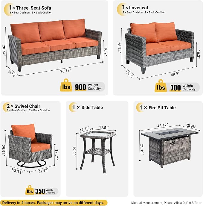 ovios 6 Pieces Patio Furniture Set with Rectangular Fire Pit Table, Swivel Rocking Chairs, Loveseat, Outdoor High Back Wicker Rattan Conversation Set for Deck Porch, Orange Red