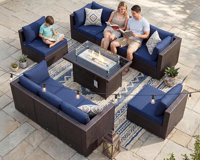BULEXYARD 9 Pcs High Back Outdoor Sectional Set with Firepit Table, Luxury Patio Furniture Seating Set, Oversized Wide Deep Modular 8-Seater Couch Sofa for Backyard, Brown Wicker & Navy Blue Cushion
