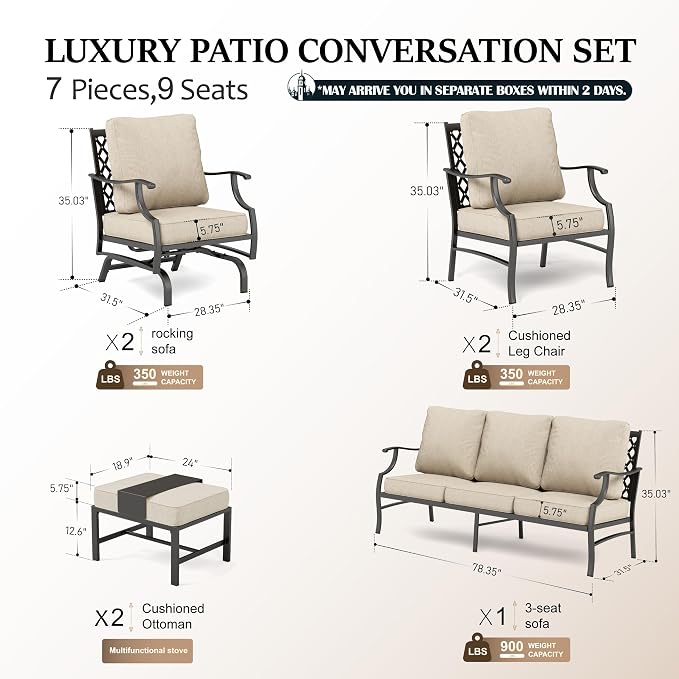 HERA'S HOUSE 7 Piece Patio Furniture Set, 2 x Rocking Chair, 2 x Fixed Chair, 2 x Ottoman, 1 x 3-Seat Sofa, All Cushioned 9 Seats Outdoor Conversation Set for Lawn Garden Backyard