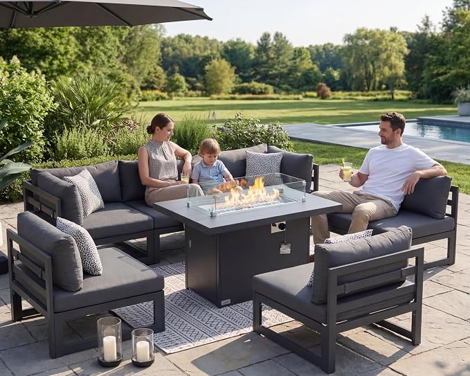 RADIATA 7 Piece L-Shaped Contemporary Aluminum Outdoor Furniture Set with Firepit, 29" Deep Wide Large Couch Set, 500 lbs High Weight Capacity Modular Patio Sectional Sofa for Garden Lawn, Dark Grey