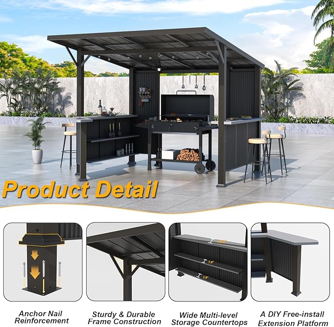 ALAULM 10'x 10' Hardtop Grill Gazebo, Outdoor BBQ Gazebo with Storage Shelves and Expansion Platform, Permanent Galvanized Steel Lean to Canopy with Grey-Black Metal Privacy Screen for Patio