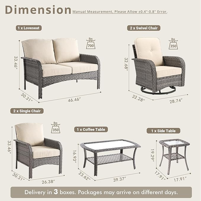 7 Piece Wicker Patio Furniture Set with Swivel Chairs,Beige | High Back Swivel Rocker Chairs, Outdoor Loveseat Sofa, Coffee Table, Rattan Conversation Set, Porch Deck Backyard Poolside