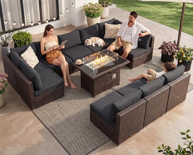 NICESOUL 11 Piece Outdoor Furniture Set with Fireplace, Luxury Patio Sectional Sets 10-Seater, Chill 29.3'' High-Back Backyard Seating, All-Weather Rattan Couch Sofa for Outside, Deck, Brown & Grey