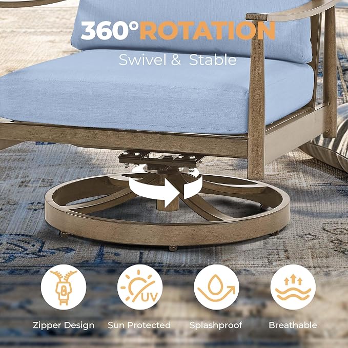 HAPPATIO Patio Conversation Set 3 Pieces, Outdoor Aluminum Conversation Furniture Set, 2 Swivel Chairs with Backrest Rope Design and 1 Side Table for Garden, Pool, and Lawn (Brown)
