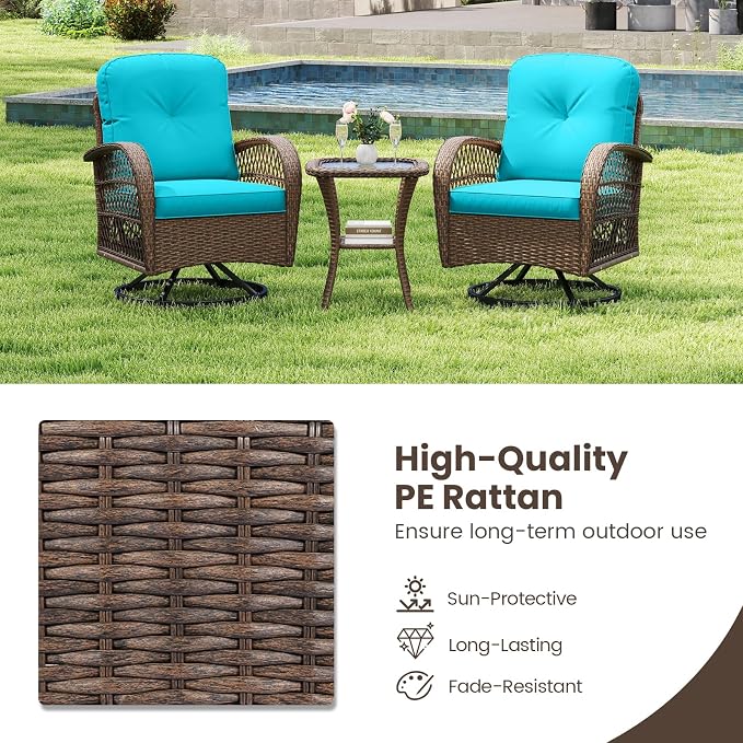 HAPPYGRILL 3 Pieces Patio Furniture Set Outdoor Rattan Swivel Rocker Chairs with Side Table, Outside Sectional Conversation Set with Swivel Rocking Chairs for Deck Porch Garden (Turquoise)