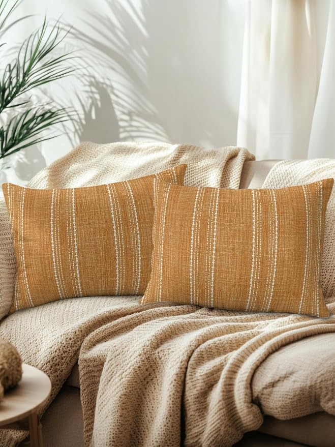 Waterproof Outdoor Pillow Set of 2 Orange Linen Stripes Decorative Throw Pillows Cover & Insert 20x12 Inch Lumbar Pillowcase Parallel Vertical Lines Pillows for Couch Sofa Bed Patio Furniture