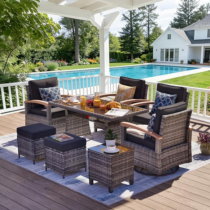 MEISSALIVVE 8 Pieces Patio Furniture Sets, PE Wicker Outdoor Conversation Sets with 2 Wood Armrests Swivel Rocker Chairs, 2 Fixed Single Chairs, 2 Ottomans and Dining Table(Black)