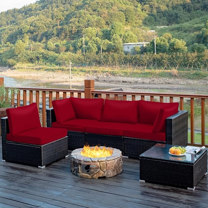 Tangkula 5 Pieces Patio Furniture Set, All Weather Wicker L-Shaped Corner Sofa Set w/Soft Cushions, Outdoor Sectional Conversation Couch Set w/Glass Table for Backyard Garden Poolside (Red)