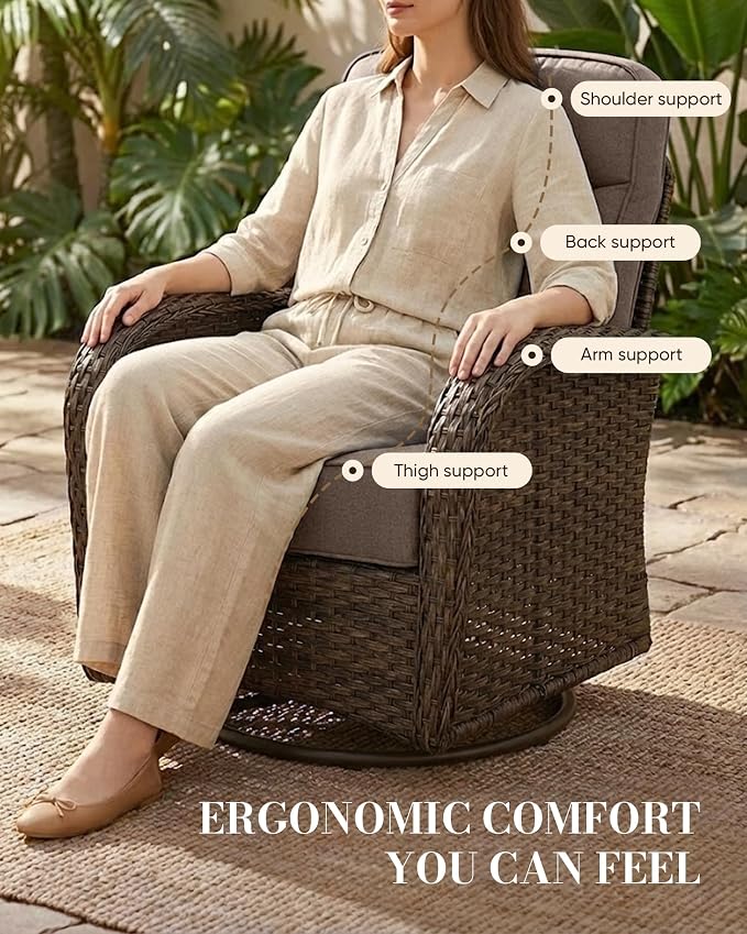 Belord Upgraded 6“ Cushion Luxury Patio Furniture Set with Fire Pit Table - 11 Piece Wicker Outdoor Furniture with High Back Swivel Rocker Patio Chairs, Conversation Set for Deck Porch - Brown/Grey