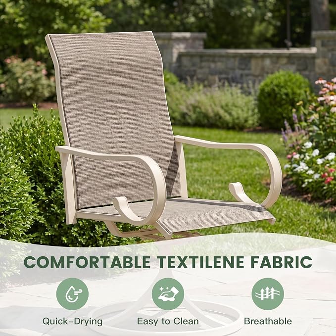7 Pieces Patio Dining Set, 6 Outdoor Swivel Dining Chairs with 63" Rectangle Metal Outdoor Dining Table with Umbrella Hole for Garden Backyard Deck, Sandshell