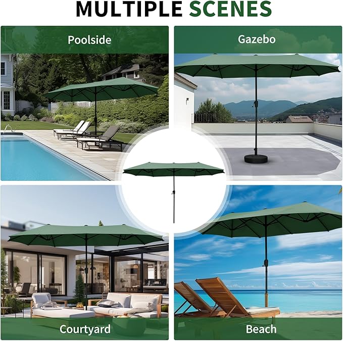 13 ft Patio Umbrella, Large Rectangle Outdoor Umbrella with Strap, Crank, Green