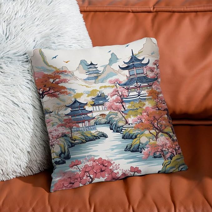 Chinoiserie Pagoda White Coral Blue Throw Pillow Covers Chinoiserie Chic Asian Throw Pillow Cover Retro Throw Pillow Covers Farmhouse Decorative for Patio Furniture Porch 26x26 in