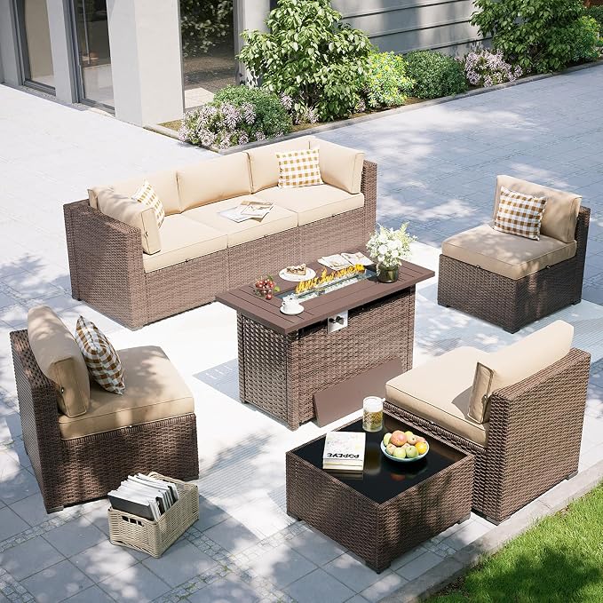 Aoxun Patio Furniture Set with Fire Pit Table, 8 Piece Outdoor Sectional Sofas, Wicker Outdoor Furniture with Thickened Cushion for Backyard, Garden (Brown Rattan Beige Cushions)