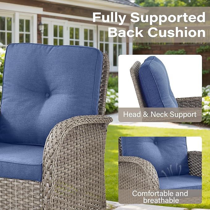 Belord Outdoor Patio Furniture - Wicker Sofa with Removable Cushion, 3 Seater Rattan Couch with Deep Seat, High Backrest, All-Weather for Balcony, Deck, Backyard, Gray/Blue