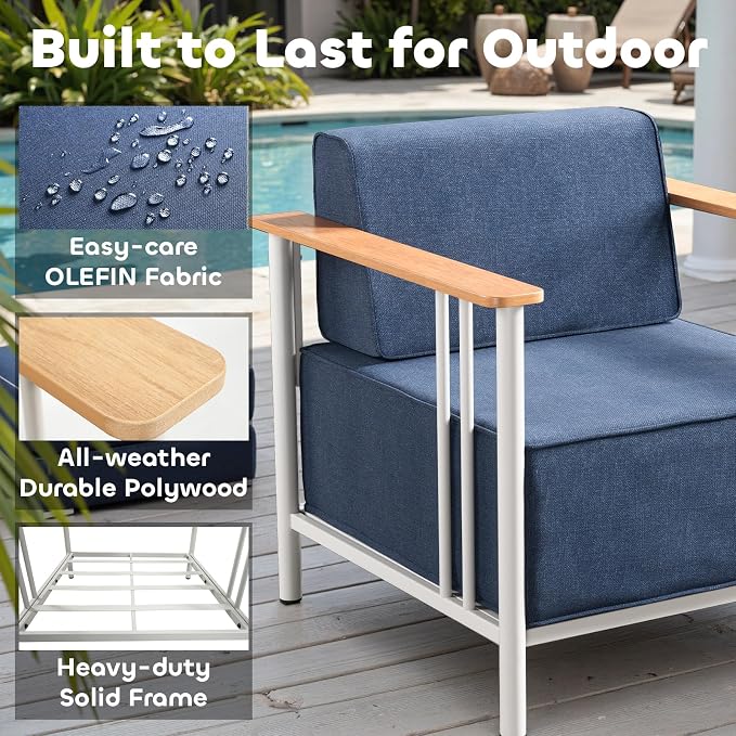 Luxury Patio Furniture Set with 10" Extra Thick Cushions, 6 PCS Outdoor Furniture Set with Patio Chairs & Couch & Coffee Table, Suitable for Porch, Balcony, Deck, Yard, Poolside, White/Blue