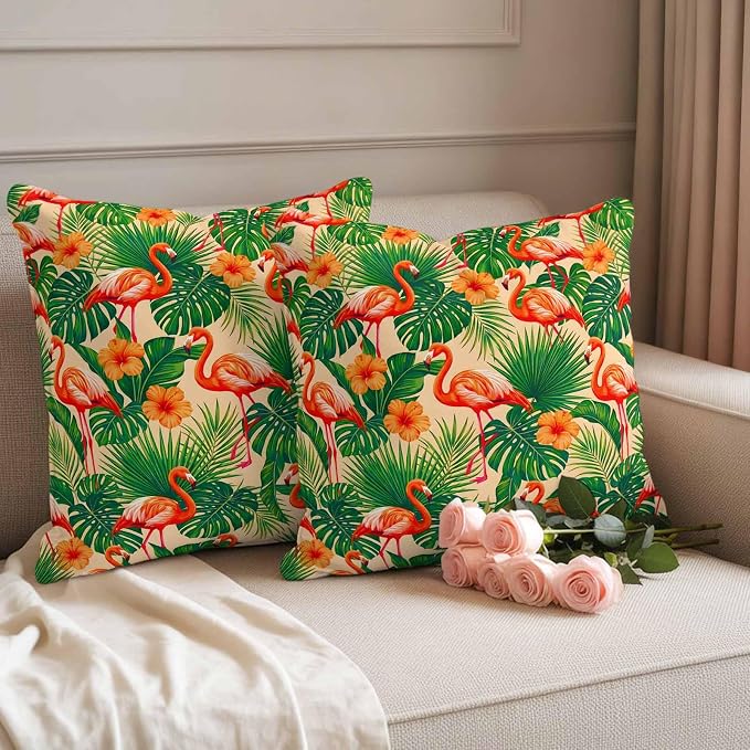 Red Flamingos Outdoor Pillow Covers 26"x26" Set of 2, Jungle Plants Hibiscus Flower Green Leaf Botanical Waterproof Throw Pillow Covers for Patio Furniture, Decorative Cushion Covers for Porch