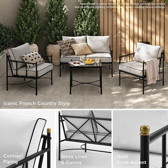 mopio Odelia Patio Furniture Set of 4, Outdoor Sectional Conversation Set, Small Metal Backyard, Front Porch, Balcony Furniture for Apartments, with 2 Patio Chairs, Loveseat, Coffee Table