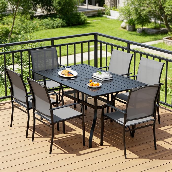 SUNCROWN 7 Pieces Outdoor Dining Set, Patio Furniture Set with 6 x Textilene Dinning Chairs and 1 Steel Slat Metal Bistro Table for Garden Lawn Backyard Deck (Grey)