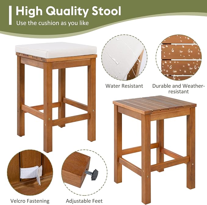 5 Piece Outdoor Bar Set, Patio Acacia Wood Bar Height Table & Four Stools with Cushions, Poolside, Backyard Furniture for Stylish Entertaining