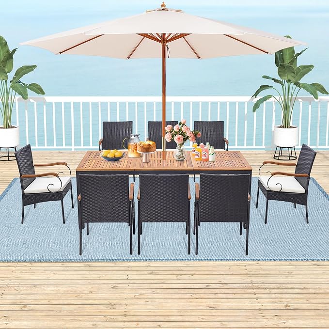 Tangkula 9 Pieces Patio Rattan Dining Set with Acacia Wood Table, Outdoor Table and Chairs Set with Cushions and 1.9” Umbrella Hole, Outdoor Dining Furniture Set for Backyard, Garden and Poolside