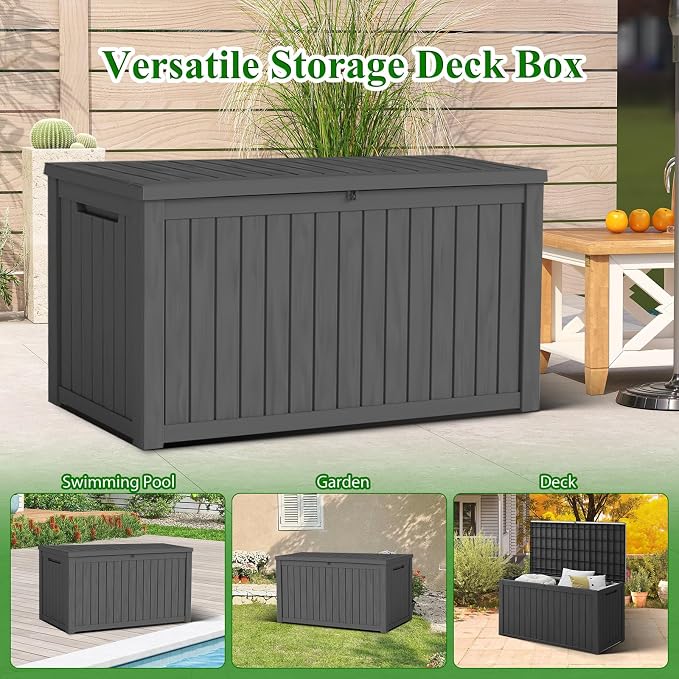 180 Gallon Outdoor Storage Box, Resin Deck Box Lockable Waterproof for Patio Furniture Cushions, Garden Tools, UV Resistant Outside Storage Bin（Black）