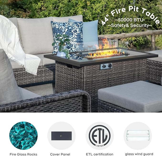 XIAO WEI 6-Piece Outdoor Furniture Set with Fire Pit Table, Wicker Patio Conversation Set with Cushions & Swivel Glide Chairs, All-Weather Patio Furniture Set for Backyard, Garden, Deck (Blue)