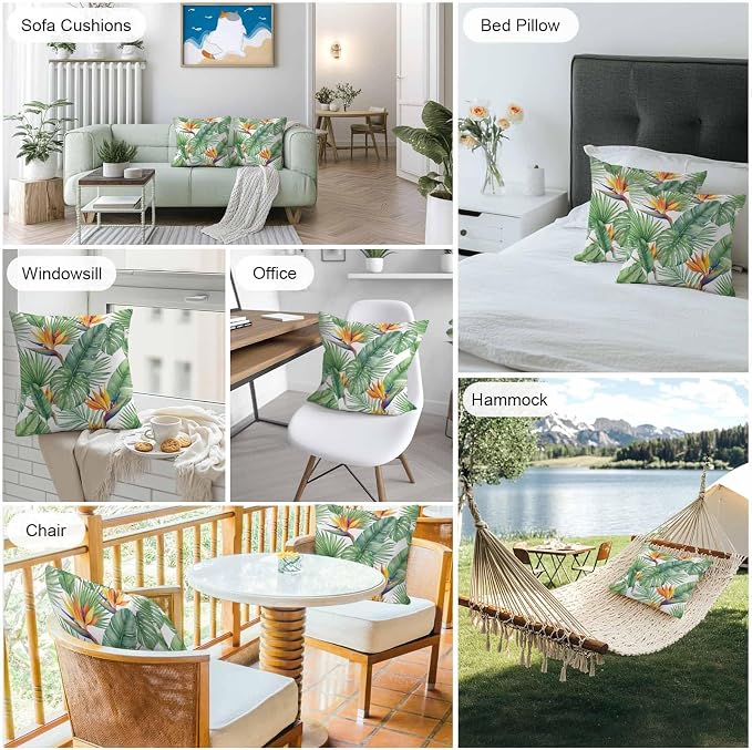Tropical Plants Outdoor Pillow Covers 18x18 Inch Throw Pillow Covers Set of 2 Waterproof Decorative Pillow Cases Summer Palm Leaves Monstera Green Cushion Covers for Patio Furniture Garden Couch Sofa