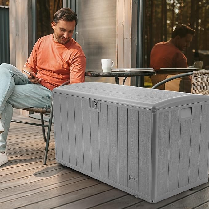 Plastic Development Group Outdoor Storage Deck Box, Soft Closure, 105 Gallon, Gray