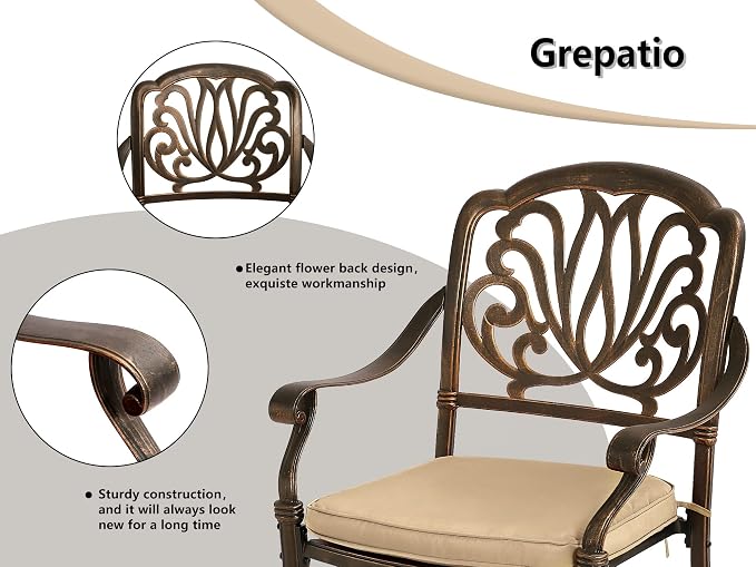 Grepatio 2 Piece Outdoor Cast Aluminum Dining Chairs, Patio Bistro Chair Set of 2, Modern Patterned Back Metal Chairs with Cushion, Antique Bronze (Khaki)